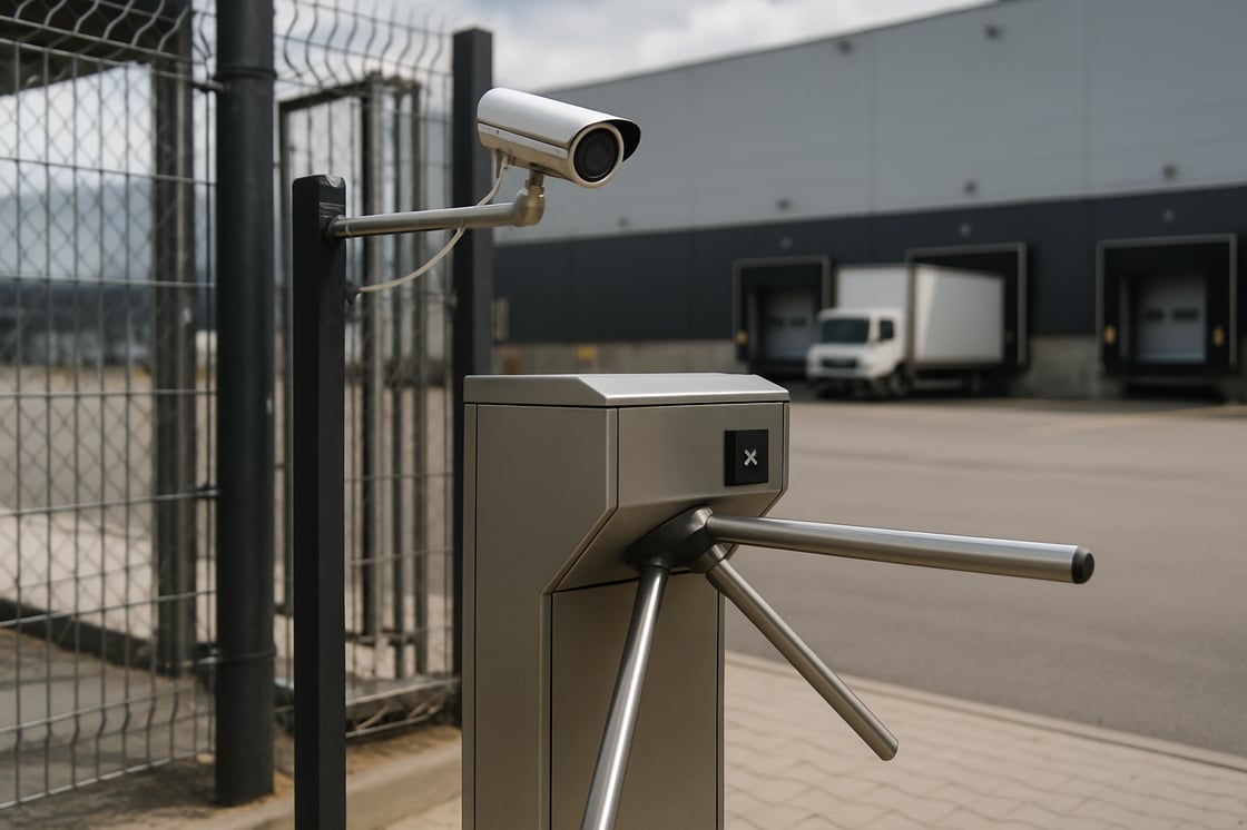 imagen realista de un centro de distribucin mostrando su entrada con un control de acceso con enfoque en torniquete y camara de registro-3
